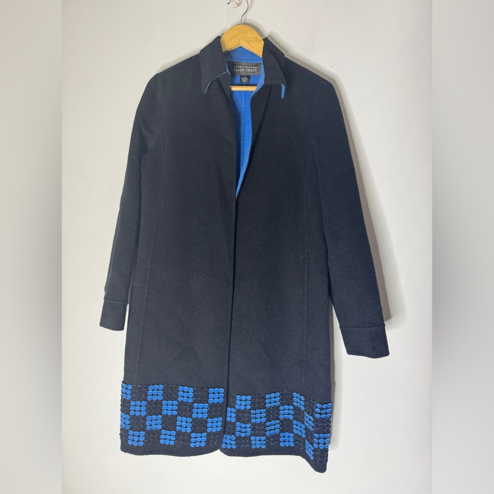 linda‎ allard ellen tracy 4 Blue Wool Open Long Coat